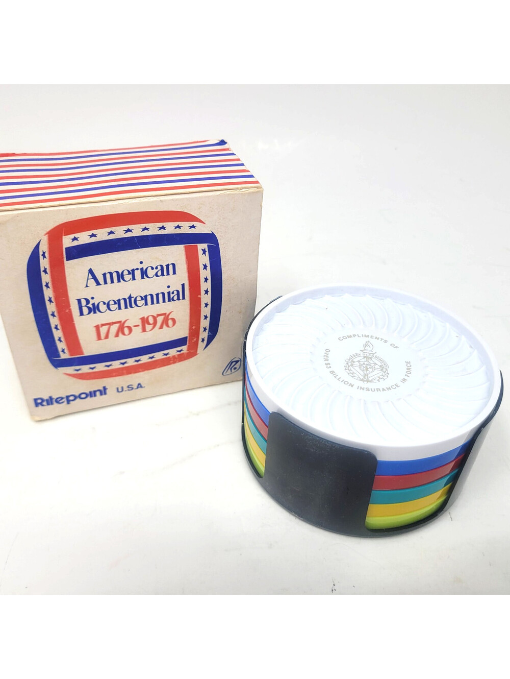 Vtg 1976 American Bicentennial Ritepoint Coasters Set of 7 K of C Insurane Box